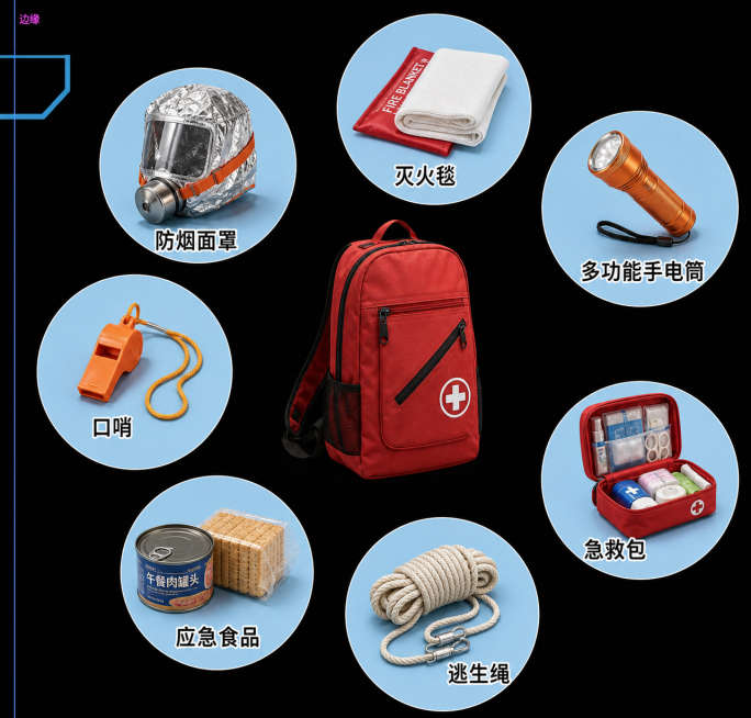 将这张应急包物品示意图修改为写实风格，不要卡通风格，保留原有布局、所有物品和文字标签：防烟面罩、灭火毯、多功能手电筒、口哨、急救包、应急食品、逃生绳，保持黑色背景和浅蓝色圆形区域预览效果