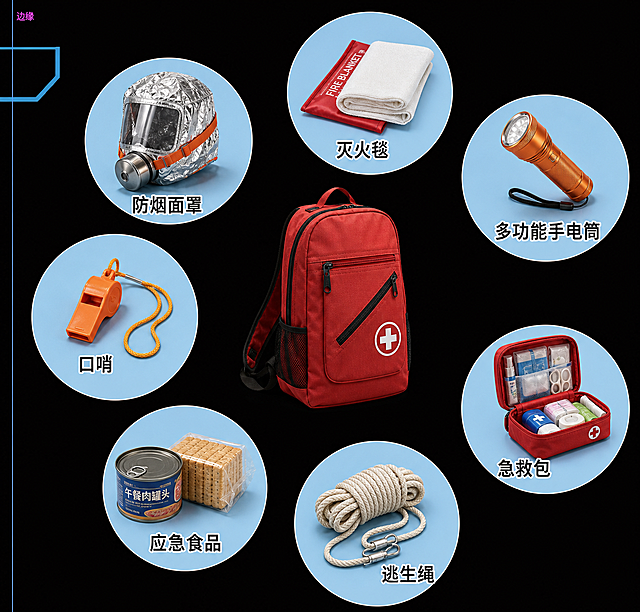 将这张应急包物品示意图修改为写实风格，不要卡通风格，保留原有布局、所有物品和文字标签：防烟面罩、灭火毯、多功能手电筒、口哨、急救包、应急食品、逃生绳，保持黑色背景和浅蓝色圆形区域