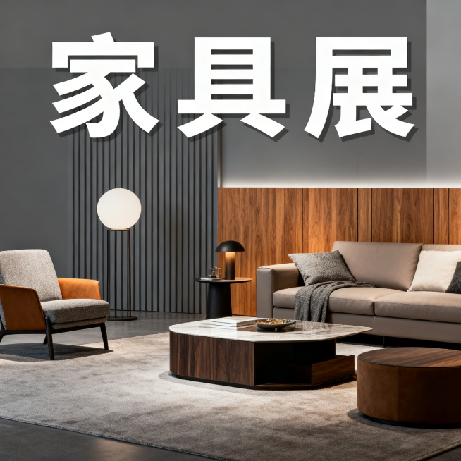 现代风格家具展宣传海报，高端简约设计，展示精致时尚家居作品，搭配醒目的"家具展"主题文字，高级灰调搭配暖木色，大气上档次的展会宣传视觉预览效果