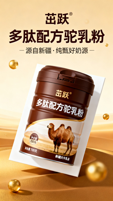设计茁跃多肽配方驼乳粉电商详情页第1页产品主图封面，移动端竖向尺寸，高端食品风格，主色调为暖棕色沙色驼色系，背景是温暖的金色驼色渐变。画面顶部显示品牌名"茁跃®"，大号字体写产品名"多肽配方驼乳粉"，预览效果