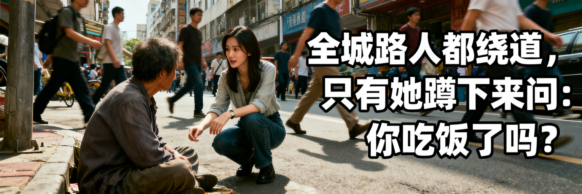短剧广告横幅，真人摄影风格，电影质感，城市街道拥挤，路人匆匆绕道走开，只有一位亚洲温柔美女蹲下来关切地看着街边的人；画面右侧预留位置，添加白色大字带黑色描边文字："全城路人都绕道，只有她蹲下来问：你吃预览效果