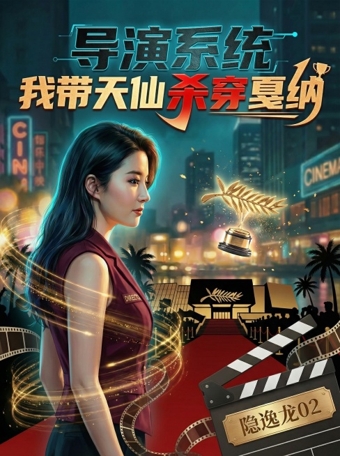 1. 书名设计："导演系统"为金属黑+青蓝描边，科技感；"我带天仙"为暖金色，突出指导感；"杀穿戛纳"为鲜红渐变+金色描边，"杀穿"二字加粗放大，带速度线特效；感叹号用奖杯造型替代。2. 人物调整：保预览效果