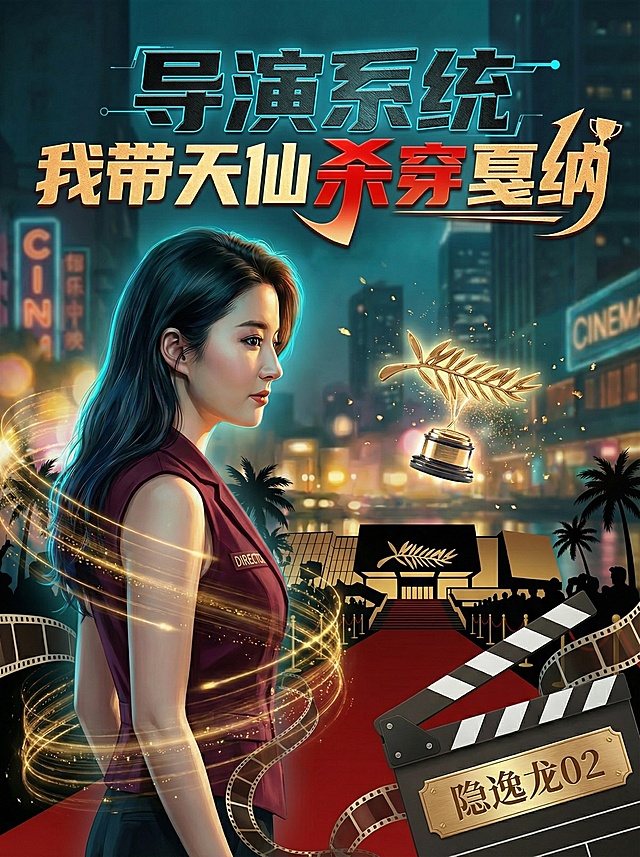 1. 书名设计："导演系统"为金属黑+青蓝描边，科技感；"我带天仙"为暖金色，突出指导感；"杀穿戛纳"为鲜红渐变+金色描边，"杀穿"二字加粗放大，带速度线特效；感叹号用奖杯造型替代。2. 人物调整：保持侧脸，视线望向前方，姿态改为自然垂手，周身环绕金色数据流，服装改为酒红色导演马甲。3. 核心道具替换：将房产证书替换为发光悬浮的金棕榈奖杯，赌场轮盘替换为戛纳红毯/电影宫剪影，场记板保留并更新文字为"隐逸龙02"。4. 背景重构：保留都市夜景、霓虹光斑、电影院招牌，新增远处戛纳电影宫剪影、棕榈树轮廓、红毯延伸感，色调改为暖金+深蓝。5. 特效元素：金色数据流改为爆发式，从人物周身向奖杯汇聚，"杀穿"二字周围增加动态速度线，金棕榈奖杯周围散落金色粒子