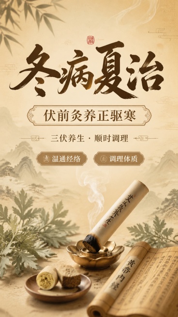 中医养生宣传海报，传统中式风格，主标题“冬病夏治”，副标题“伏前灸养正驱寒”，装饰文案“三伏养生 · 顺时调理”，卖点标签“温通经络”“调理体质”，整体画面采用国风浅褐色渐变背景，点缀艾灸艾条、艾草、预览效果
