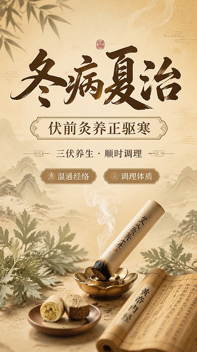 中医养生宣传海报，传统中式风格，主标题“冬病夏治”，副标题“伏前灸养正驱寒”，装饰文案“三伏养生 · 顺时调理”，卖点标签“温通经络”“调理体质”，整体画面采用国风浅褐色渐变背景，点缀艾灸艾条、艾草、古卷轴等中式养生元素，排版精美，主次分明，大标题居中醒目，风格典雅自然，符合中医养生氛围，画面比例9:16