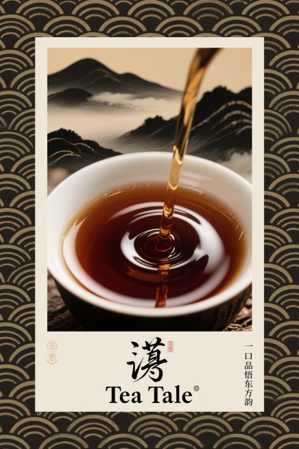 日式浮世绘风格，竖版构图，云南古树普洱茶茶汤特写，茶汤呈深褐色，醇厚有光泽，流动感强，背景为淡墨色远山云雾，画面四周装饰日式波浪纹样，底部中央有品牌名“Tea Tale”古朴书法字体，右侧竖排小字标语预览效果