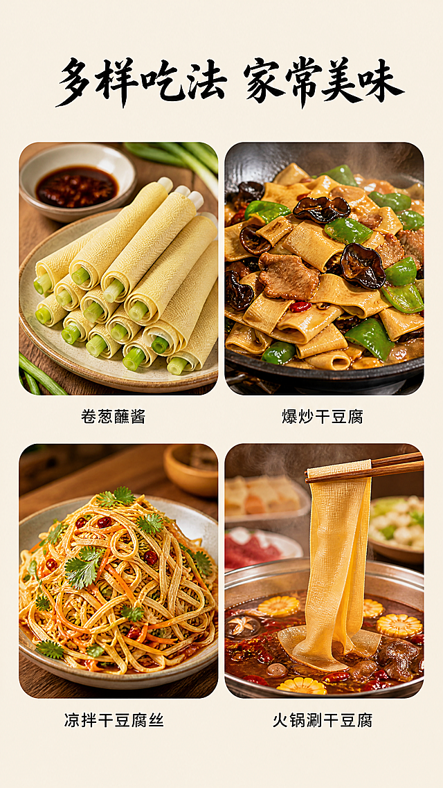 [第6屏] 本屏功能定义：要路沟干豆腐多种吃法展示，包含卷菜、爆炒、凉拌、涮火锅四种家常吃法。
[氛围/风格] 暖色调美食风格，食欲感满满，简约干净排版，真实诱人家常菜场景。
[元素布局] 页面采用2x2四宫格排版，四个格子分别展示一种吃法的成品美食：左上卷葱蘸酱、左下凉拌干豆腐丝、右上爆炒干豆腐、右下火锅涮干豆腐，每个格子为圆角构图，留出食欲感场景。顶部放置大标题，四宫格均匀分布，整体不拥挤。
[光影质感] 每个吃法采用自然光暖调，食物有光泽，汤汁油亮，整体暖光氛围，增加食欲感，细节清晰。
[配色色系] 全局底色：#F5F0E6；每个格子保留食物自然色彩，暖调统一，文字延续黑红配色，整体食欲感充足。
[视角构图] 每格采用平视美食特写视角，2x2均分排版，构图均衡，画面饱满。
[文字版式] 延续首屏设定：标题字温润书法风格，正文同家族无衬线，仅用黑红两色，统一纯色填充字效。顶部居中大标题 "多样吃法 家常美味"，黑色书法字体；每个格子下方标注对应菜名，黑色小字，清晰不遮挡食物。
[比例分辨率] 9:16竖版比例，4K分辨率，文字清晰可辨，超高清。
[负向提示词] 食物变质，颜色怪异，排版杂乱，文字错乱，水印，食欲感差，构图不均。