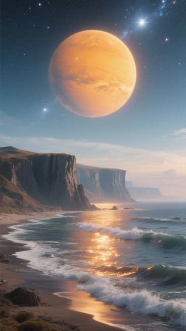 生成15张星球科幻高清图的生成。呈现不同色彩搭配、地貌特征的外星星球场景，包含巨型星球、山地水域、星空等元素。预览效果