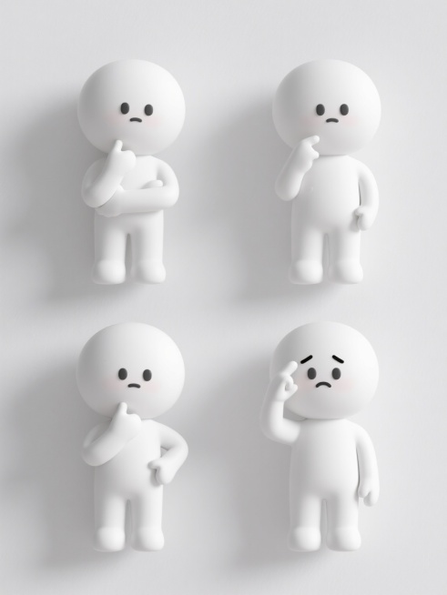 简约现代风格3D插画，白色背景，四个规整排布的白色卡通小人，每个小人呈现不同的思考状态：手托下巴沉思、双臂交叉思索、单手扶额困惑、手指轻点太阳穴专注思考，造型圆润简洁，无文字无logo无水印。预览效果