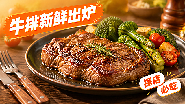 活力美食风格海报，暖橙色渐变背景，背景虚化处理突出主体。画面中央是一盘色泽诱人的煎牛排，牛排表面有焦褐纹理和油亮光泽，搭配新鲜的西兰花、小番茄、芦笋等蔬菜，旁边摆放木制餐具（刀叉），放在深色木质餐桌上。左上角有粗体字标题框，内写白色粗体大字"牛排新鲜出炉"，字体醒目有力。右下角有两个简约圆角标签贴纸，分别写着"探店"和"必吃"，白色底配橙色文字，带轻阴影效果。高饱和度色彩，暖色调为主，食欲感强，侧前方柔和自然光，牛排有高光和焦香质感。写实商业摄影风格，画面层次分明，排版精美，构图均衡，四周留安全边距。画面中所有信息区域必须填充完整合理的内容，不得出现空白框或待填写区域。画面比例16:9横版。