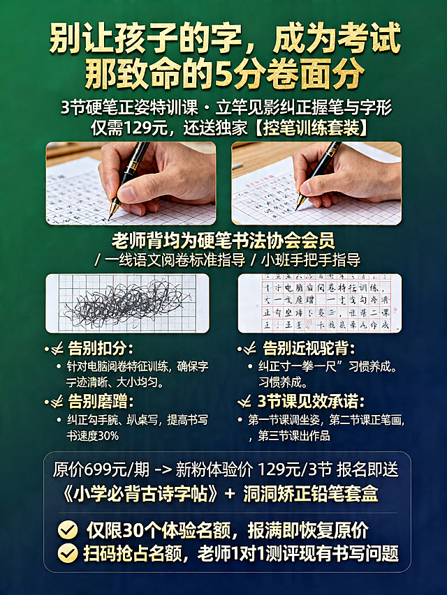 教育培训招生海报，硬笔书法课程宣传，整体底色为墨绿色深蓝色搭配金色文字，高端专业风格。
主标题："别让孩子的字，成为考试那致命的5分卷面分"
副标题："3节硬笔正姿特训课 · 立竿见影纠正握笔与字形 仅需129元，还送独家【控笔训练套装】"
信任背书："老师均为硬笔书法协会会员 / 一线语文阅卷标准指导 / 小班手把手指导"
中间核心文案：
· ❌ 告别扣分： 针对电脑阅卷特征训练，确保字迹清晰、大小均匀。
· ❌ 告别磨蹭： 纠正勾手腕、趴桌写，提高书写速度30%。
· ❌ 告别近视驼背： 强制"一寸一拳一尺"习惯养成。
· ✅ 3节课见效承诺： 第一节课调坐姿，第二节课正笔画，第三节课出作品
底部促销区域：
原价699元/期 -> 新粉体验价 129元/3节
报名即送 《小学必背古诗字帖》+ 洞洞矫正铅笔套盒（价值49元）
学完3节不满意，全额退，赠品照送！
行动指令：📍 仅限30个体验名额，报满即恢复原价 📞 扫码抢占名额，老师1对1测评现有书写问题
海报上方放并排对比图：左侧是错误握笔特写（变形的中指），右侧是正确握笔特写
对比图下方放卷面对比：左侧乱糟糟的作文格子扫描件，右侧整洁工整的作文格子扫描件
整体排版清晰，痛点突出，促进家长下单。