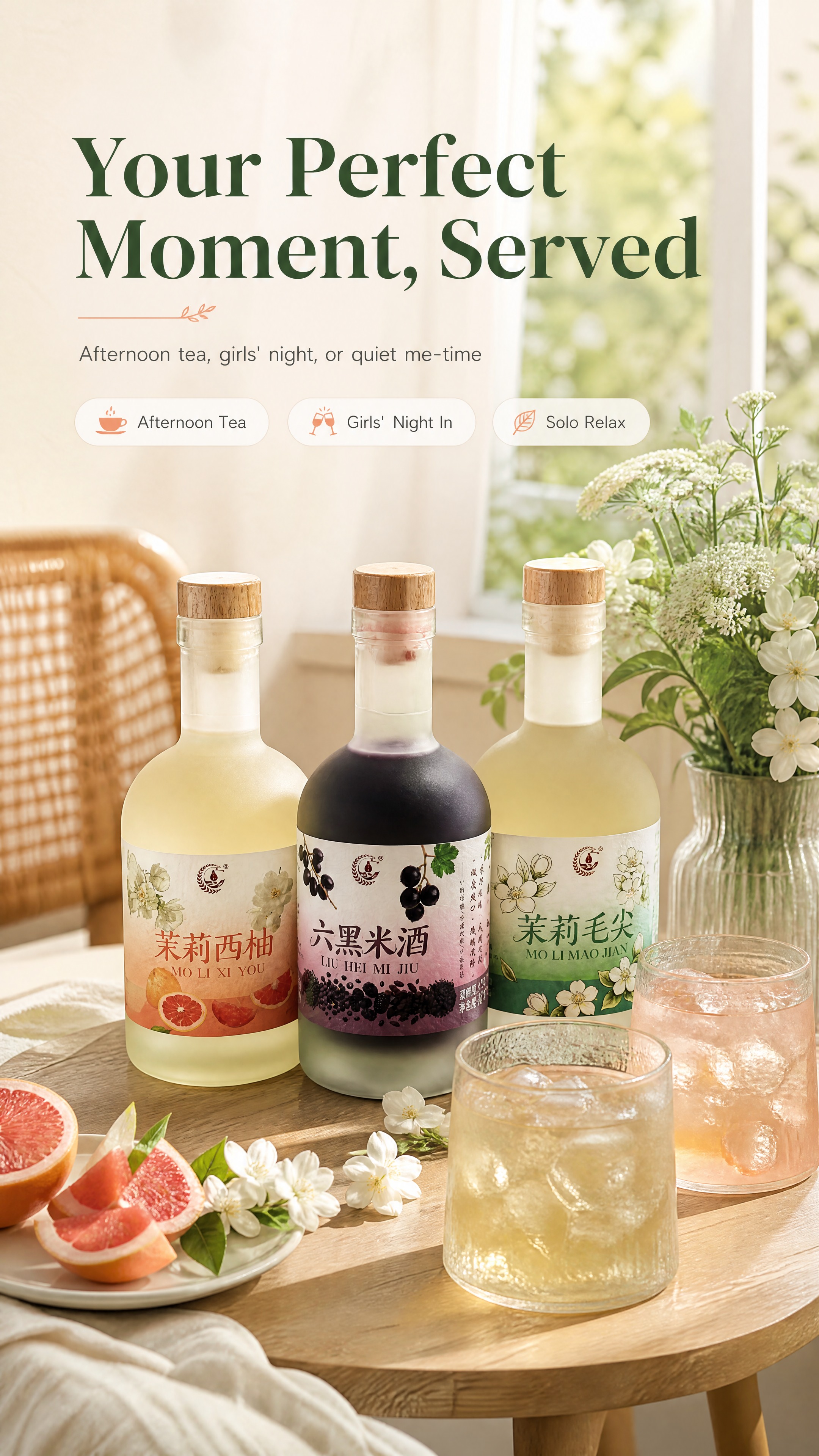 [商品] 使用【图1】三瓶花果酒全家福，置入生活场景；保留每瓶… - 图片创意预览
