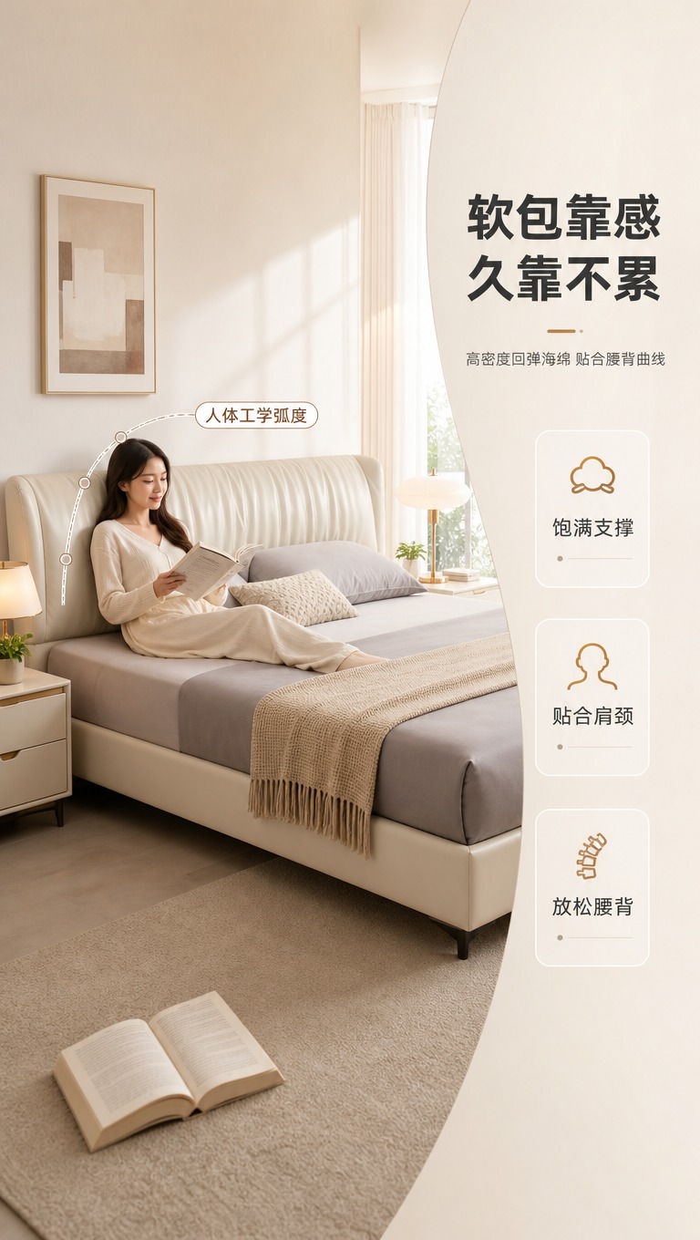 [商品] 使用【图1】米白色头层牛皮软包床，1.8米规格；保留… - 图片创意预览