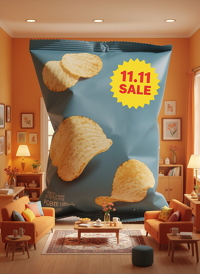 3D超现实风格，巨型薯片袋占据客厅，重拟物塑料质感，明亮色彩强化促销感，11.11大促主题突出。
