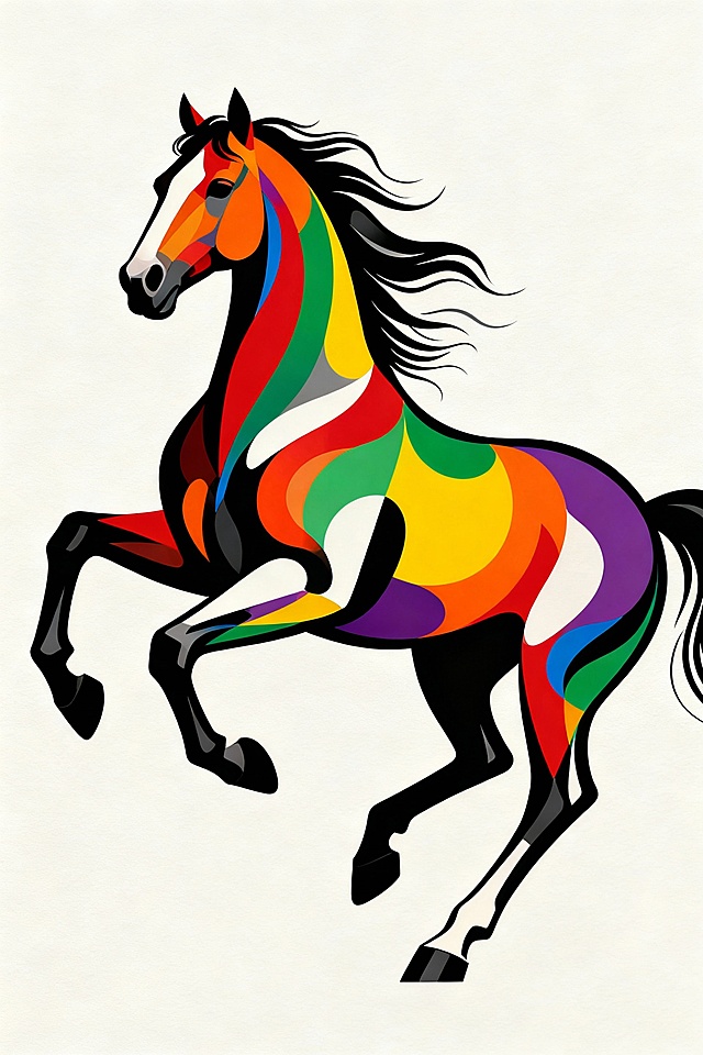 现代感与梦幻感交织的插画风骏马，采用孟菲斯风格的几何拼贴与描边手法，彩虹色块构成抽象躯体，展现自由奔腾的节日活力。