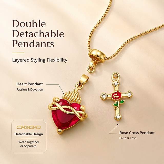 [Main Image 5] Showcase the detachable double pendant design. Background: Light low saturated champagne gradient background. Keep both pendants, chain all appearance and color consistent with input image. Lay out the necklace to clearly show the detachable structure: two pendants can be separated or worn together, show the split status to highlight the flexible matching feature. Left side with text labels by引线: "Double Detachable Pendants" main title, "Layered Styling Flexibility" subtitle. Layout clean, text does not cover key structure. Lighting soft, highlights the layered sense of the product. Output requirement: 1:1 square ratio, ultra high definition 2K commercial photography quality, all text English, clear and legible. Negative prompts: deformation, text disorder, blurry product, messy background, watermark, platform logo.