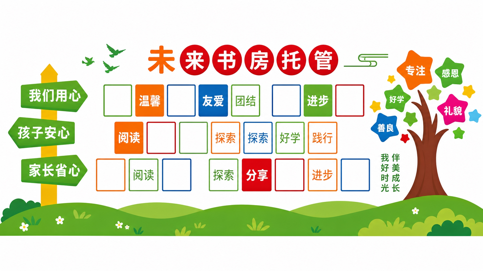 参考图版式复刻，保留整体布局骨架：左侧绿色指示牌标语+中间彩色… - 图片创意预览