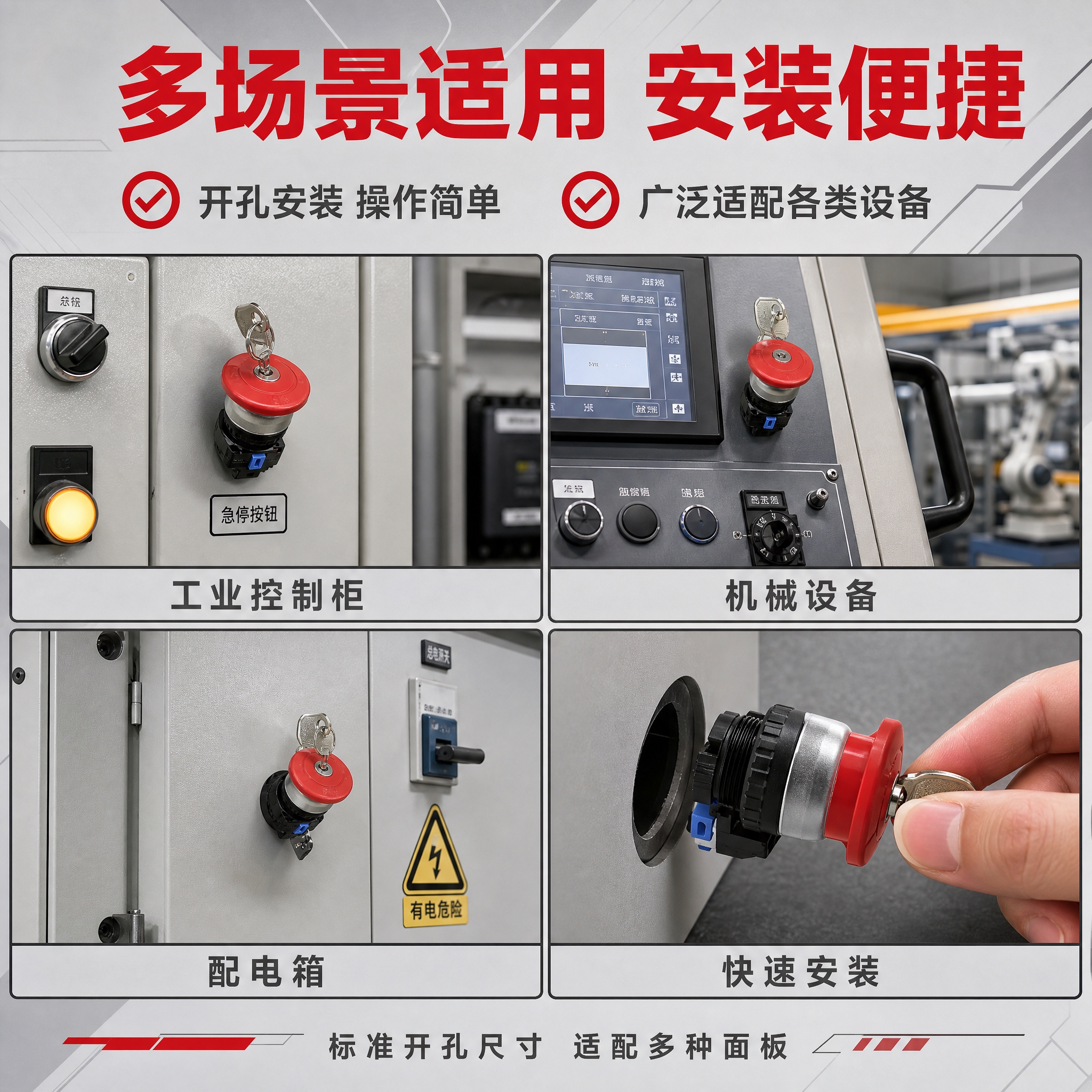 [主图-4] 适用场景与安装操作图，展示急停按钮开关的应用场景… - 图片创意预览