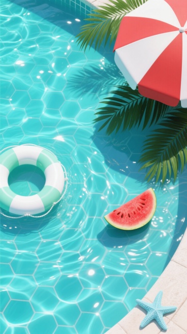 夏日泳池俯视图，水面呈现通透的渐变蓝绿色调，池底铺着阳光照射下泛着波光的六边形瓷砖，带有细腻的水波纹肌理和光的折射效果。画面左侧是一个白色与浅绿色相间的救生圈，右侧有几片宽大的深绿色棕榈叶舒展着，右上角漂浮着一把红白条纹的遮阳伞，伞下投下淡淡的阴影。中央偏右位置有一块切开的鲜红色西瓜，右下角有一只浅蓝色的海星。整体色调明亮清新，充满夏日气息，各元素布局均衡，营造出轻松愉悦的氛围。预览效果