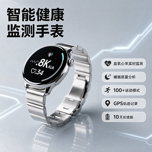 [主图-1] 智能运动手表健康监测功能首图。保持产品外观，即物理结构、材质质感、颜色，与输入产品图绝对一致，杜绝任何变形和色差，精细化处理。氛围风格：简约科技高级感，商业电商摄影；画质：商业摄影质感，光线柔和通透，产品清晰真实，画面干净高级。元素：银色金属表带智能手表居中倾斜15°摆放，商品主体占比约60%，产品放置在磨砂灰色反光玻璃台面上，背景为浅灰渐变，点缀微弱科技感发光线条。左上角放置主标题"智能健康监测手表"，大号粗体黑色无衬线字体；右侧排列五个圆角胶囊卖点标签，分别为：血氧心率实时监测、睡眠质量分析、100+运动模式、GPS轨迹记录、10天长续航。商品主体完整，画面满屏无边框，文字不遮挡主体。光影：主光源从左侧45°打光，突出金属表带拉丝纹理和表盘玻璃高光，右侧弱反光补光，边缘保留清晰高光线条，投影自然柔和。配色：主色调浅灰科技银，文字黑色与背景形成高对比，卖点标签浅灰底深灰字。视角构图：45°斜侧平视，景深适中，产品轮廓完整无裁切。文字版式：左上主标题大字号加粗，右侧卖点标签整齐排列，每个标签文字清晰可读。比例分辨率：1:1比例，4K分辨率，文字清晰锐利，超高清。负向提示词：变形，水印，文字错乱，产品图模糊，背景杂乱，文字遮挡主体。