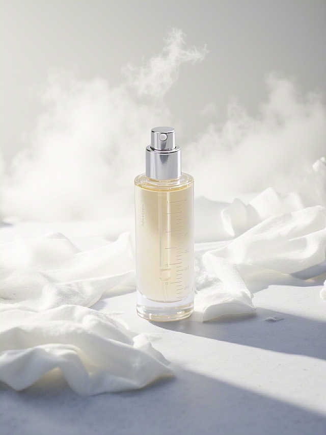 清新简约风格，柔和色调，香水瓶与轻纱交织，营造梦幻氛围。