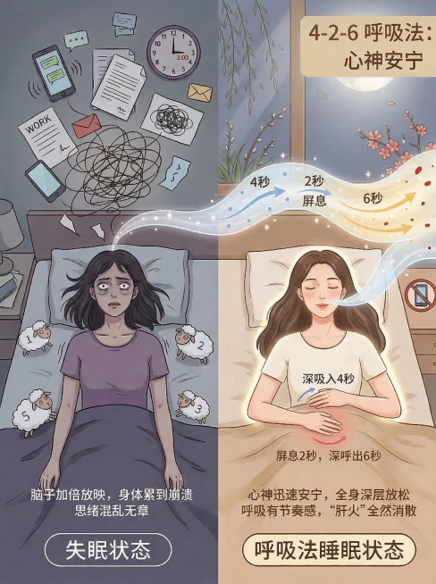 将图中呼吸法的表述修改为正确的“4秒吸气、2秒屏息、6秒呼气”，保持其他所有画面内容、构图、风格、配色不变。预览效果
