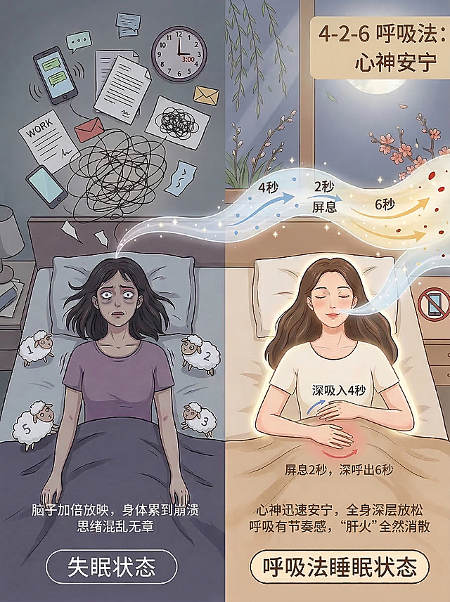 将图中呼吸法的表述修改为正确的“4秒吸气、2秒屏息、6秒呼气”，保持其他所有画面内容、构图、风格、配色不变。