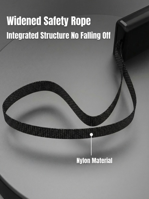 将图中的中文文字替换为英文：左上角文字替换为“Widened Safety Rope”和“Integrated Structure No Falling Off”，标注文字替换为“Nylon Mate预览效果