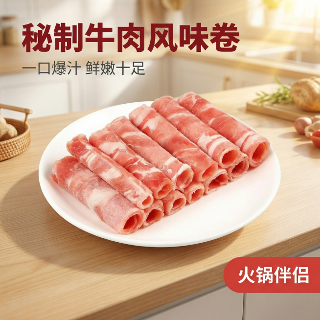[主图 1] 秘制牛肉风味卷新品首图
[氛围/风格] 生鲜电商风格，自然暖阳逆光，突出食欲感和新鲜度，整体干净通透。
[画面元素] 原产品牛肉卷在白色圆盘中整齐摆放，保持产品外观不变，背景融入干净温馨预览效果