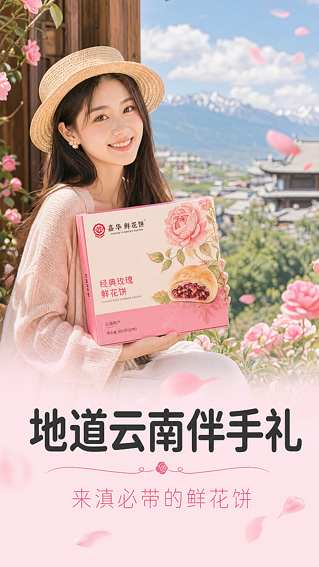 请使用电商详情页技能，生成一套详情页，商品名称为xxx，适配淘宝/天猫平台，单图比例为9:16，需求屏数为8张。第一屏
主文案："嘉华经典玫瑰鲜花饼"
副文案："一口解锁春城浪漫"
文案设计与排版：主文案居中放大，粗体醒目；副文案位于主文案正下方，字体纤细浅粉色，上下居中对齐
画面主体与构图：画面中心摆放多枚鲜花饼，一枚对半切开露出玫瑰内馅与分层酥皮，背景淡粉色玫瑰花海，左上角放置嘉华 Jiahua Food 品牌 logo，整体居中对称构图
画质与细节：8K 高清，食品质感通透，饼皮暖黄色泽自然，玫瑰内馅玫红色饱满，光影柔和，无噪点模糊
第二屏
主文案："地道云南伴手礼"
副文案："来滇必带的鲜花饼"
文案设计与排版：主文案居中加粗，副文案在下侧居中排布，字体轻盈，色彩淡雅
画面主体与构图：实景云南旅游场景，游客手持嘉华鲜花饼礼盒，背景搭配云南地域风光，画面左右分区，左侧人物礼盒、右侧风景点缀玫瑰元素
画质与细节：8K 高清实景拍摄，色彩温润统一，人物与产品细节清晰，整体氛围温暖治愈
第三屏
主文案："36 层手工起酥工艺"
副文案："层层酥香掉渣"
文案设计与排版：主文案顶部居中加粗，副文案紧随其下，字号略小，配色柔和
画面主体与构图：特写放大鲜花饼切面，清晰展示 36 层酥皮纹理，搭配烘焙师手工起酥局部实景，暖调烘焙车间背景，主体视觉聚焦饼皮分层
画质与细节：8K 超高清，酥皮层次纹理清晰可见，饼皮光影自然，食品立体感强，细节拉满
第四屏
主文案："饱满玫瑰花瓣内馅"
副文案："咬下去全是花香"
文案设计与排版：主文案居中粗体，副文案下方居中，字体纤细，主次分明
画面主体与构图：近距离特写切开的鲜花饼，完整玫瑰花瓣内馅清晰呈现，标注含量提示，浅米白色简约背景，主体居中突出内馅细节
画质与细节：8K 高清，玫瑰花瓣纹理真实自然，玫红色色泽纯正，馅料质感细腻，光影均匀
第五屏
主文案："精选云南重瓣玫瑰"
副文案："当季现摘锁鲜"
文案设计与排版：主文案居中放大加粗，副文案在下方居中排列，字体浅淡不抢视觉
画面主体与构图：云南高原玫瑰种植基地实景，新鲜采摘的重瓣红玫瑰铺满画面，搭配鲜花饼小图角落点缀，自然田园风构图
画质与细节：8K 实景高清，玫瑰花瓣鲜活饱满，色彩鲜亮，户外自然光效果，画面干净通透
第六屏
主文案："无香精无防腐剂"
副文案："配料干净更安心"
文案设计与排版：主文案居中粗体，副文案下方居中，配色素雅，排版规整
画面主体与构图：分区展示小麦粉、黄油、玫瑰等原生原料实拍，搭配标识划除人工添加剂，米白色极简背景，左右分栏式构图
画质与细节：8K 高清，原料质感真实，色彩干净柔和，图文分区清晰，无多余装饰
第七屏
主文案："经典原味玫瑰口味"
副文案："还原鲜花饼本味"
文案设计与排版：主文案居中加粗，副文案位于下方，字体纤细，整体居中对齐
画面主体与构图：单枚完整鲜花饼 + 切面特写组合摆放，淡粉色玫瑰纹样背景，主体产品居于画面正中心，构图简洁大气
画质与细节：8K 高清，饼皮暖黄色泽纯正，内馅花香视觉感足，食品光影柔和舒适
第八屏
主文案："两种规格可选"
副文案："满足不同需求"
文案设计与排版：主文案顶部居中加粗，副文案在下居中，排版工整，字体层级清晰
画面主体与构图：左右并列摆放家庭装 50g10 枚、小饼款 35g10 枚两款产品包装与实物，浅暖底色，对称式分栏构图，标注规格信息
画质与细节：8K 高清，两款产品尺寸、包装细节清晰，色彩统一，实物还原度高
第九屏
主文案："独立小包装设计"
副文案："干净卫生方便携带"
文案设计与排版：主文案居中加粗，副文案下方居中排布，字体轻盈淡雅
画面主体与构图：特写独立玫瑰元素包装的鲜花饼，搭配产品放入随身包实景，画面上下分区，上方产品、下方使用场景
画质与细节：8K 高清，包装印花清晰，产品实物质感自然，场景真实生活化，色调统一
第十屏
主文案："早餐下午茶好搭档"
副文案："解馋不腻超合适"
文案设计与排版：主文案居中放大加粗，副文案在下居中，字体柔和，阅读舒适
画面主体与构图：室内下午茶实景，桌面摆放鲜花饼、咖啡、茶具，阳光漫射氛围，鲜花饼作为视觉主体，休闲温馨构图
画质与细节：8K 实景高清，室内光影温暖，食物摆盘精致，色彩暖调统一，氛围感强
第十一屏
主文案："来滇伴手礼首选"
副文案："体面地道有心意"
文案设计与排版：主文案居中粗体醒目，副文案下方居中，字体纤细雅致
画面主体与构图：嘉华鲜花饼礼盒置于画面中心，搭配云南特色风物点缀，国风礼品场景，居中构图凸显礼盒质感
画质与细节：8K 高清，礼盒包装玫瑰元素清晰，整体画面大气雅致，国潮滇式风格突出
第十二屏
主文案："现烤工艺锁鲜直达"
副文案："收到和刚出炉一样香"
文案设计与排版：主文案顶部居中加粗，副文案紧随下方，排版简洁利落
画面主体与构图：烘焙车间现烤鲜花饼实景，热气腾腾的饼体特写，暖黄色烘焙环境，主体聚焦刚出炉的鲜花饼
画质与细节：8K 高清，蒸汽、焦香视觉效果自然，饼皮色泽诱人，车间实景真实，光影偏暖
第十三屏
主文案："千万用户真实好评"
副文案："来滇游客都在推"
文案设计与排版：主文案居中加粗，副文案下方居中，字体规整，配色低调
画面主体与构图：拼接真实用户评价截图，角落搭配鲜花饼实物图，米白色简约背景，图文结合式构图
画质与细节：8K 高清，文字截图清晰可辨，产品实拍无模糊，整体画面干净规整
第十四屏
主文案："储存与食用指南"
副文案："简单几步更美味"
文案设计与排版：主文案居中放大加粗，副文案在下居中，字体大小适中，排版有序
画面主体与构图：分区域展示储存方式、加热食用步骤示意图 + 产品实拍，浅粉色背景，多区块规整排版，指引图标搭配实物
画质与细节：8K 高清，图示清晰，产品细节完整，画面分区明确，色调柔和统一
第十五屏
主文案："产品参数"
副文案："规格明细"
文案设计与排版：主文案顶部居中加粗，副文案下方居中，字体正式规整
画面主体与构图：画面下方放置鲜花饼实物，上方为标准产品参数表格，米白底色，表格居中，实物点缀边角，整体版式工整
画质与细节：8K 高清，表格文字清晰，产品实物色彩标准，画面正式简洁，无多余装饰