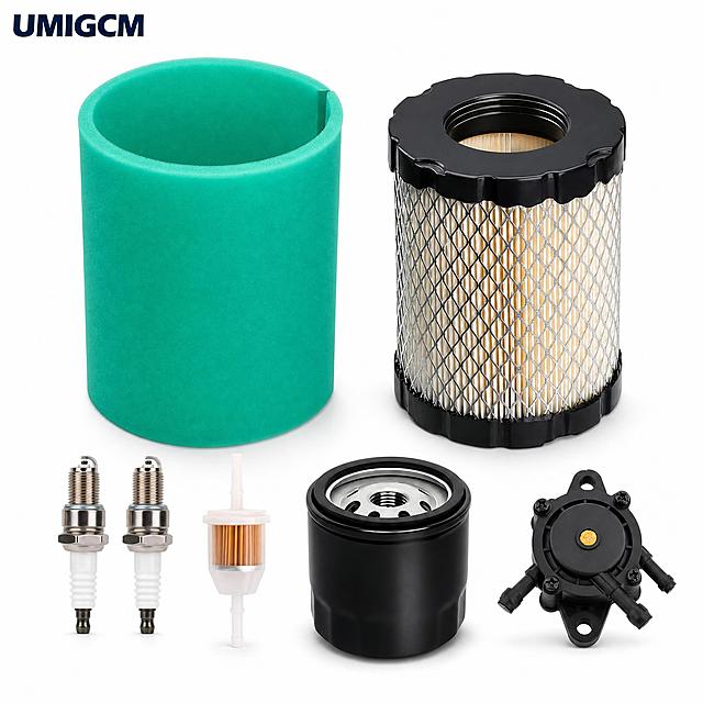 [主图-1] 亚马逊白底首图，UMIGCM LG269割草机维护保养套件全套件完整展示，突出产品全貌和专业感。
[统一基调] 纯白背景，主标题色深海军蓝，辅助文字深灰色，强调色青绿色，无衬线字体，英文文案，左上角放置UMIGCM品牌Logo，1:1正方形构图。
[画面] 画面中心展示完整的维护套件全部配件：青绿色圆柱形预过滤海绵套、带黑色塑料端盖和金属护网的圆柱形空气滤芯、2个火花塞、白色透明燃油过滤器、黑色圆柱形机油滤清器、黑色四出口燃油泵。所有配件以错落有致的组合方式陈列，空气滤芯和预过滤海绵为主体视觉焦点放在中上部，其余配件在下方有序排列，产品占画面约85%。左上角放置UMIGCM品牌标识。产品外观、颜色、结构、材质与参考图完全一致。
[光影质感] 商业摄影棚拍质感，柔和均匀主光，轻微底部接触阴影，金属部分有干净反光，塑料和滤纸纹理清晰，无悬浮感。
[配色] 纯白背景，产品本色，仅左上角品牌文字为深海军蓝。
[文字版式] 左上角小号UMIGCM品牌字样，深海军蓝无衬线粗体。画面其余区域无任何文字、标签或装饰，严格符合亚马逊首图白底规范。
[输出要求] 1:1比例，2048x2048，产品清晰锐利，边缘干净无白边残留，无变形、错字、模糊、水印、平台Logo。