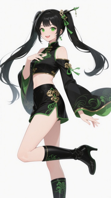 二次元动漫风格立绘，白色背景，黑发双马尾少女，头戴发簪，绿色眼眸，面带微笑，身穿黑色为主、绿色点缀的古风与现代结合服饰，上身为露肩短款上衣，带有金色装饰，下身为黑色短裤，搭配长筒靴，靴上有绿色花纹，左手自然下垂，右手抬起置于胸前，左腿向后抬起，右腿直立支撑身体，衣袂和发带飘逸，线条流畅，色彩鲜明，细节精致，保留角色所有特征。预览效果