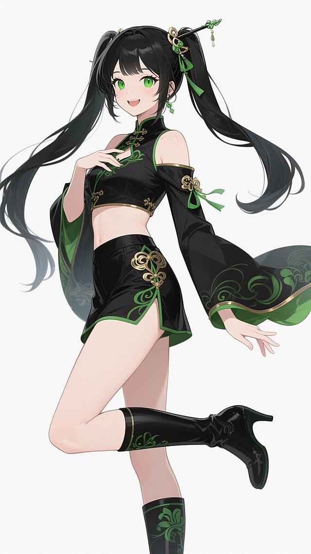 二次元动漫风格立绘，白色背景，黑发双马尾少女，头戴发簪，绿色眼眸，面带微笑，身穿黑色为主、绿色点缀的古风与现代结合服饰，上身为露肩短款上衣，带有金色装饰，下身为黑色短裤，搭配长筒靴，靴上有绿色花纹，左手自然下垂，右手抬起置于胸前，左腿向后抬起，右腿直立支撑身体，衣袂和发带飘逸，线条流畅，色彩鲜明，细节精致，保留角色所有特征。