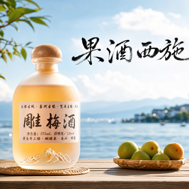 产品精修与logo融合设计：将单瓶雕梅酒（淡黄色液体、木质瓶盖、标签含‘雕梅酒’）精修后置于画面左侧; 右侧上方显著位置融入‘果酒西施’黑色手写书法logo（字形突出、墨韵饱满，居中偏上，不被遮挡）；预览效果