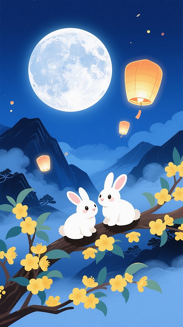 深蓝夜空为背景，一轮明亮的巨大圆月。山间云雾缭绕，有几只发光的孔明灯飘浮。前景是两只小白兔坐在开着黄色花朵的桂树枝桠上