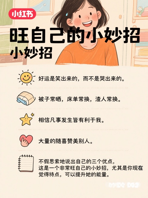 手绘漫画风格小红书内页，顶部自信微笑大女主形象，穿橙色上衣，背景浅米色。中间五条“旺自己的小妙招”纵向排列，每条左侧配手绘图标：1.微笑表情图标，文字“好运是笑出来的，而不是哭出来的。”；2.太阳晒被预览效果