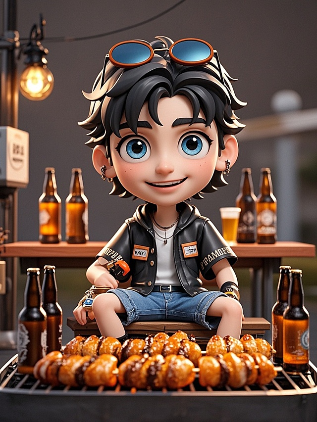 软3D风卡通男孩，可爱感十足，烧烤派对场景，充满节日氛围。