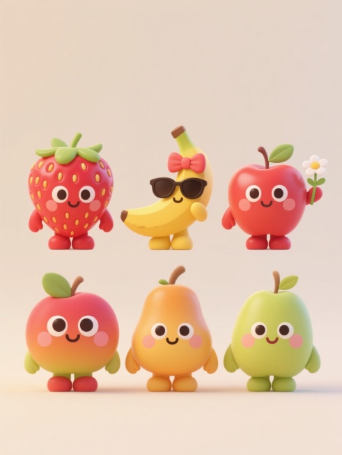6个不同造型的拟人水果角色，采用可爱卡通风格，圆润的身体和四肢，大大的眼睛和微笑表情，每个水果都有独特的拟人化特征（如草莓戴蝴蝶结、香蕉戴墨镜、苹果举着小花等），鲜明的色彩搭配，上下两行各3个整齐对齐排列，浅色背景，整体呈现欢快活泼的氛围。预览效果