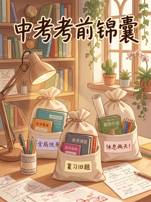 参考原图风格，重新生成一张不一样的中考考前锦囊封面，调整布局、书本颜色和场景细节，保持三个装书锦囊的主体和温馨暖色调书房氛围，保留顶部标题“中考考前锦囊”，和原图不完全相同预览效果