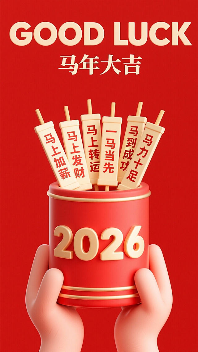 软3D风格，浮雕质感，喜庆红金配色，手捧2026年礼罐，寓意马年大吉，创意融合传统祝福与现代设计，传递新年好运。