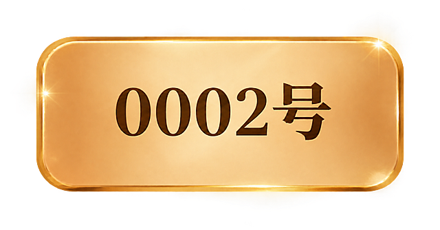 参考图中的金色圆角按钮样式，保持完全相同的设计风格、尺寸比例、金色渐变质感、金属边框和星光效果，只将按钮中央的文字改为"0002号"，字体样式、大小、颜色与原图一致。背景透明。