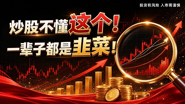 金融股票公众号封面图，16:9横版，参考图风格：黑金红配色，高端大气，底部红色绸缎装饰，金色立体元素。画面左侧为两行大标题文字，第一行"炒股不懂这个！"，第二行"一辈子都是韭菜！"，标题字体为白金渐变立体粗体字带金色描边，"这个"和"韭菜"关键字放大突出，字体配色多样合理有层次感，标题醒目大气。右上角有白色小字风险提示："投资有风险 入市需谨慎"。背景包含红色上涨K线图、实盘走势图、上升箭头趋势线等金融画面，右侧有金色边框放大镜放大股票K线图，底部有金色立体金币堆和上升柱状图，金色粒子光效，整体风格专业金融感强，除了指定标题和风险提示外不要添加其他文案内容。