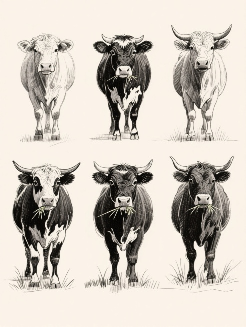 黑白手绘素描风格，6个不同配色、不同样式、不同材质的「牛」造型，保持原图中牛的站立姿态、头部微低、口中含草、四肢结构及草丛细节的素描笔触质感，线条粗细变化自然，明暗对比通过交叉排线表现，浅色背景，上下两行各三头牛整齐对齐排列，整体构图平衡，每个牛造型各具特色，维持统一的手绘素描艺术风格。预览效果