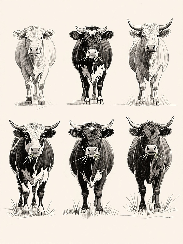黑白手绘素描风格，6个不同配色、不同样式、不同材质的「牛」造型，保持原图中牛的站立姿态、头部微低、口中含草、四肢结构及草丛细节的素描笔触质感，线条粗细变化自然，明暗对比通过交叉排线表现，浅色背景，上下两行各三头牛整齐对齐排列，整体构图平衡，每个牛造型各具特色，维持统一的手绘素描艺术风格。