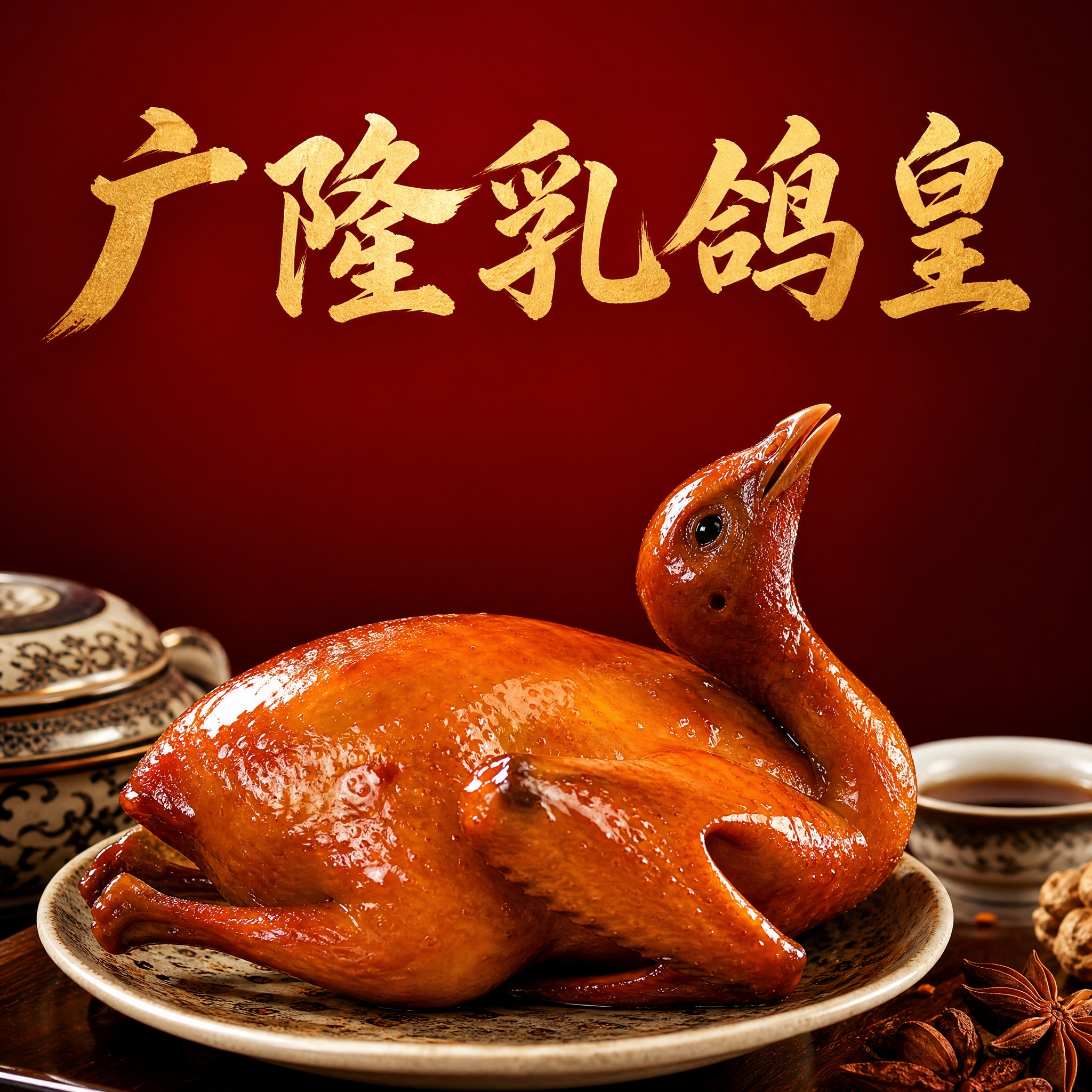 广隆乳鸽皇餐厅品牌头像设计，正方形构图，中央是一只金黄油亮的红… - 图片创意预览