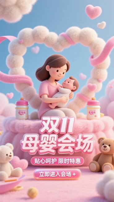 3D 风格弹圈，画面中心是大大的云朵爱心组合造型，云朵体积圆润，画面中央是 3D 妈妈角色，怀中抱着婴儿，神态温暖柔和，人物两侧摆放奶粉罐、小熊玩具，背景漂浮粉色丝带营造柔和治愈氛围，前景立体标题 “预览效果