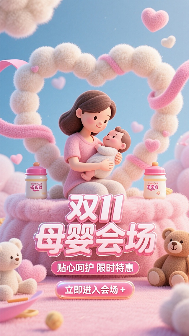 软3D粘土风格，梦幻柔粉色调，温馨母子互动场景，搭配毛绒云朵与爱心元素，营造甜美可爱氛围，双11母婴会场主题突出。