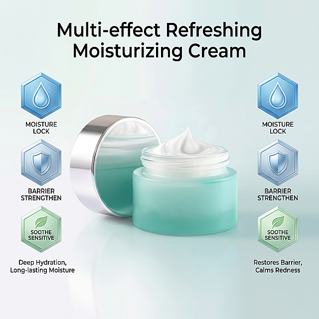 [主图-4] Multi-effect efficacy display, multi-effect refreshing moisturizing cream. Keep product shape and color consistent with the original image, high-end minimalist light bright background, comply with Amazon cross-border specification. Centered layout, product is placed in the center, with 3 small 3D hexagonal icons on the left and right to display core efficacies: icon 1 - "MOISTURE LOCK" with water droplet pattern, icon 2 - "BARRIER STRENGTHEN" with shield pattern, icon 3 - "SOOTHE SENSITIVE" with leaf icon. Each icon is paired with a small description of efficacy, simple layout, clear hierarchy, light color matching, highlighting multi-dimensional skincare effects, suitable for both dry sensitive skin and oily skin. 1:1 ratio, 2K resolution, super high definition. Negative prompt: deformation, watermark, text confusion, product image blur, messy background, Chinese characters, exaggerated superlatives.