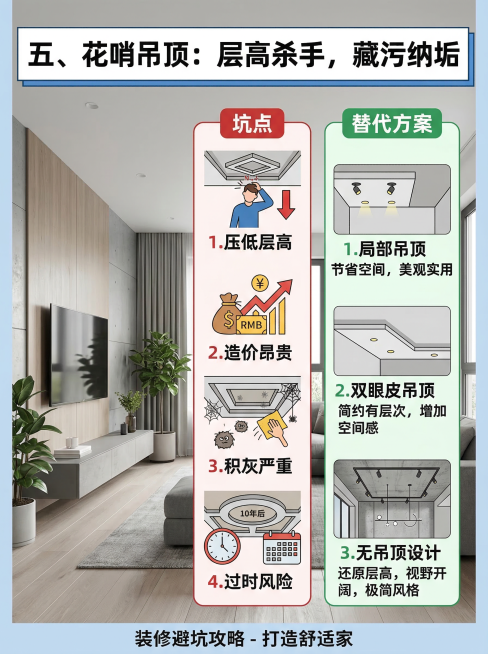 装修避坑海报，标题"五、花哨吊顶：层高杀手，藏污纳垢"，内容列出坑点：压低层高、造价昂贵、积灰严重、过时风险，给出替代方案：局部吊顶、双眼皮吊顶、无吊顶设计，现代简约设计，客厅背景预览效果