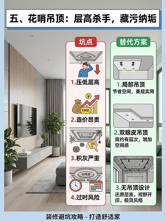 装修避坑海报，标题"五、花哨吊顶：层高杀手，藏污纳垢"，内容列出坑点：压低层高、造价昂贵、积灰严重、过时风险，给出替代方案：局部吊顶、双眼皮吊顶、无吊顶设计，现代简约设计，客厅背景